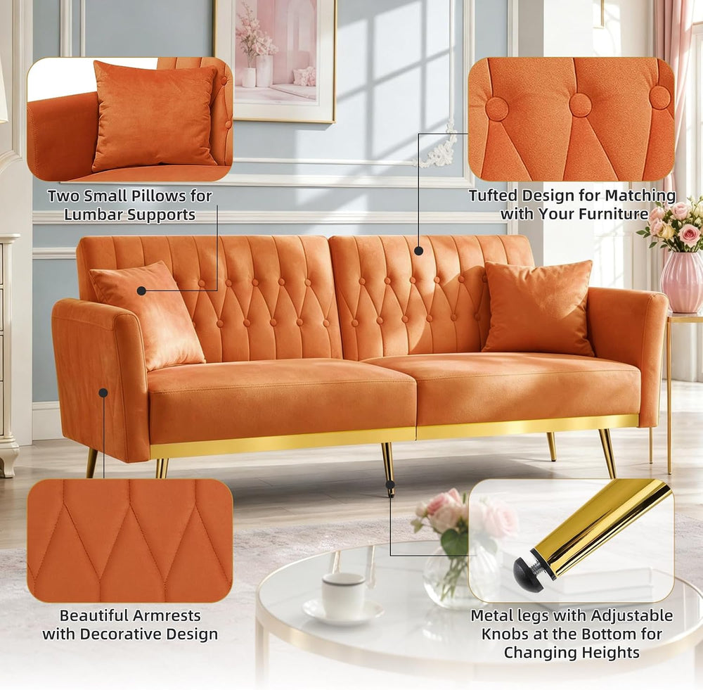 70” Velvet Futon Sofa Bed w/Adjustable Armrests, Orange
