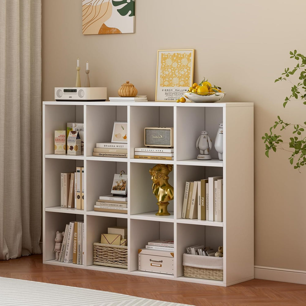 12-Cube Storage Shelf Bookcase - Wooden 3-Tier Floor Standing Open Bookshelf ...