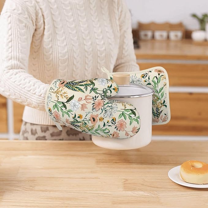 Floral Silicone Oven Mitts Pan Mats Set of 2, Heat Resistant Gloves Potholder - Image 7