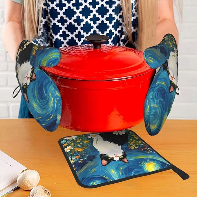 Funny Black Cat Oven Mitts and Hot Pads Set of 3, Abstract Cute Kitchen Mitts - Image 7