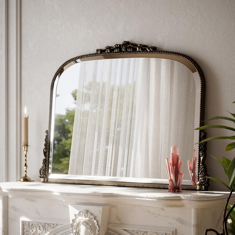 27"×36" Bronze Wide Arched Wall Mirror with Vintage Carving