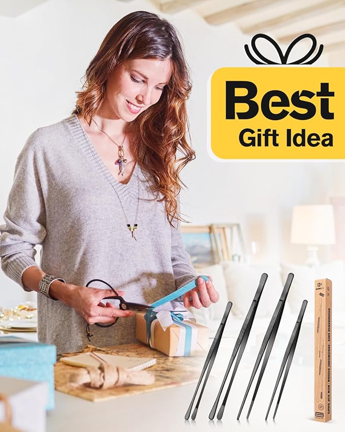 4 Pcs Fine Long Tweezer Tongs Professional Black, Sea food and BBQ - Image 7