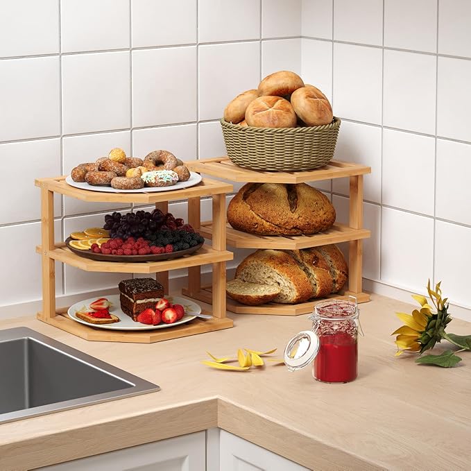 VERTORGAN 3 Tier Bamboo Corner Shelf, Plate Organizer, Dish Drying Rack - Image 6