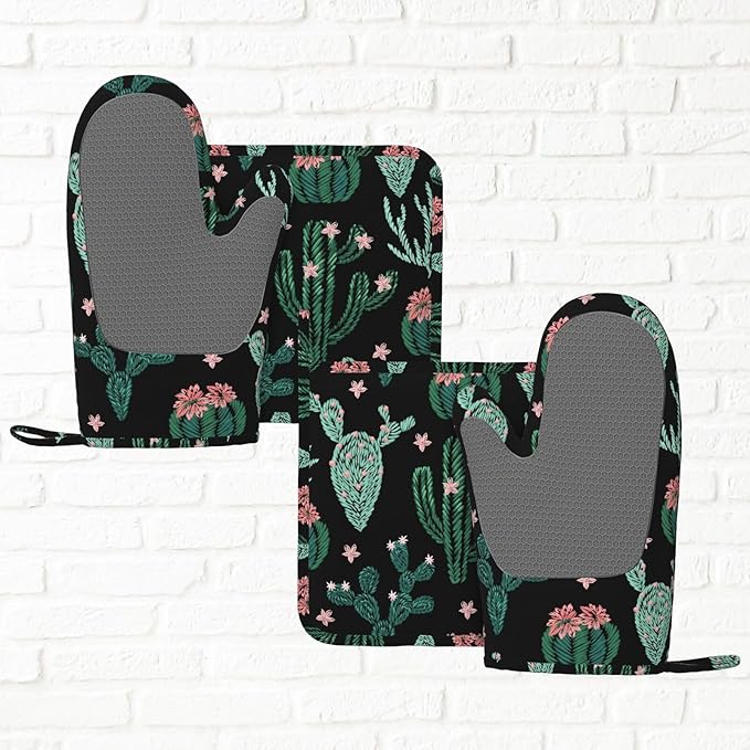 Trendy Cactus Oven Mitts and Pot Holders Sets of 4, Heat Resistant Silicone - Image 6