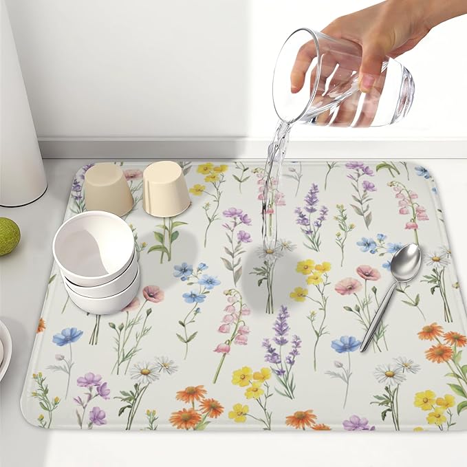 Spring Floral Dish Drying Mat for Kitchen Counter 16 x 18 Inch Colorful Flowers - Image 6