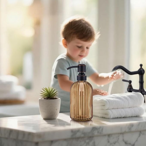 16 OZ Amber Glass Soap Dispenser, Amber Stripe Bathroom Hand Soap Dispensers - Image 2