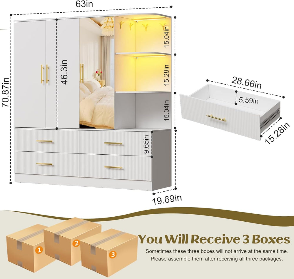 PAKASEPT Armoire Wardrobe Closet with 3 Door, Mirror, LED Lights