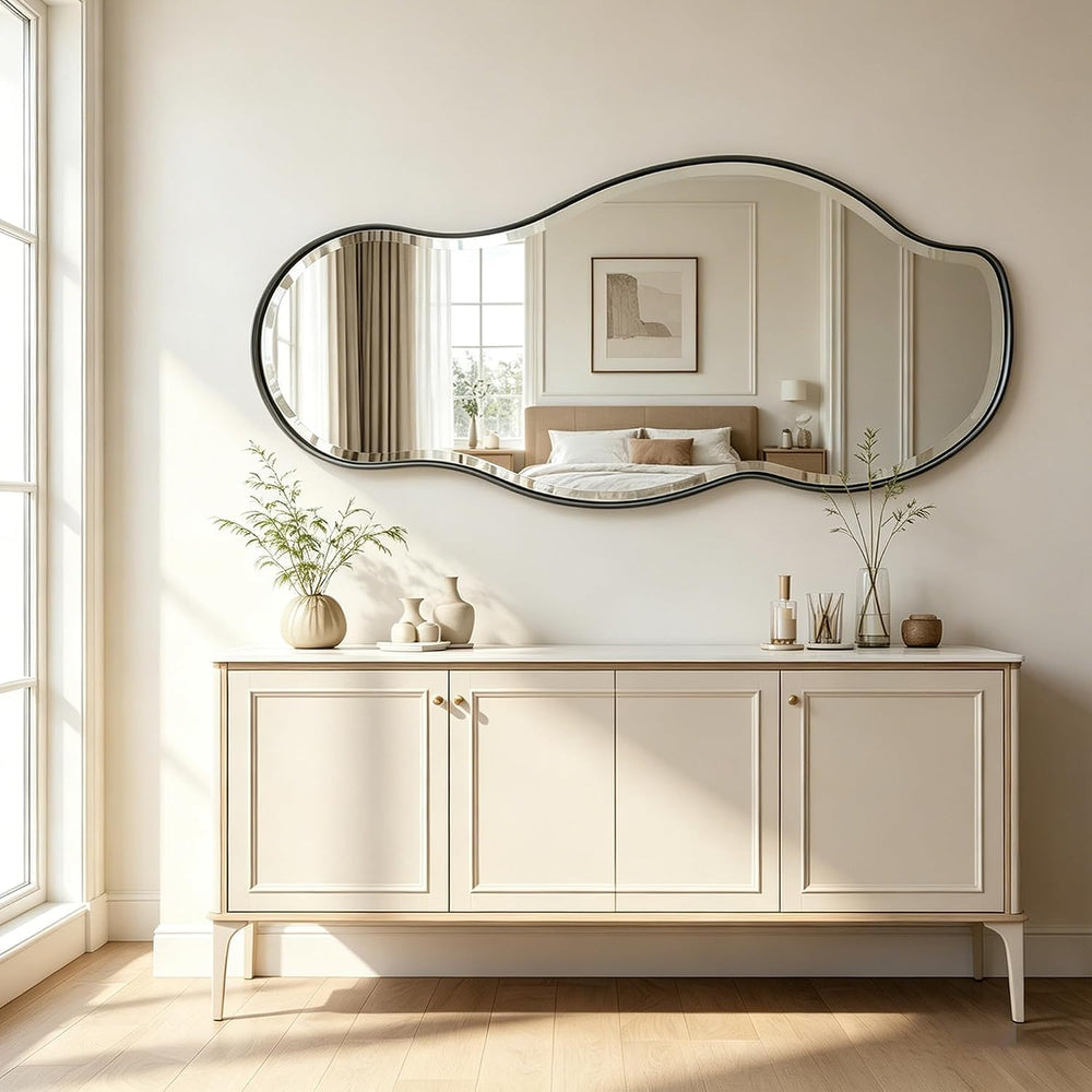 POZINO 53"x24" Large Irregular Beveled Mirror, Asymmetrical Wall Mi...