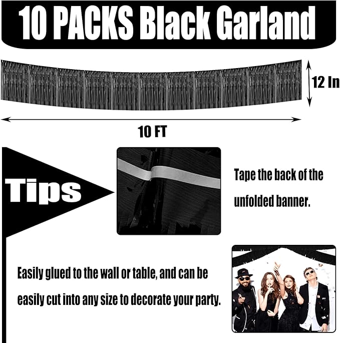 10 Pack 10 Feet Black Foil Fringe Garland Metallic Tinsel Streamers Banner Wall Hanging Curtain Backdrop for Parade Floats, Bachelorette, Wedding, Birthday, Halloween, Christmas Party Decorations