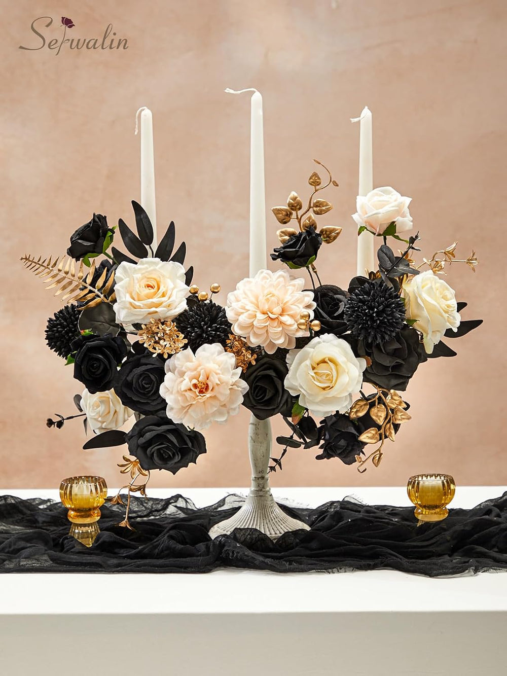 Serwalin Artificial Flowers Black Gold Champagne Silk Flowers for Wedding