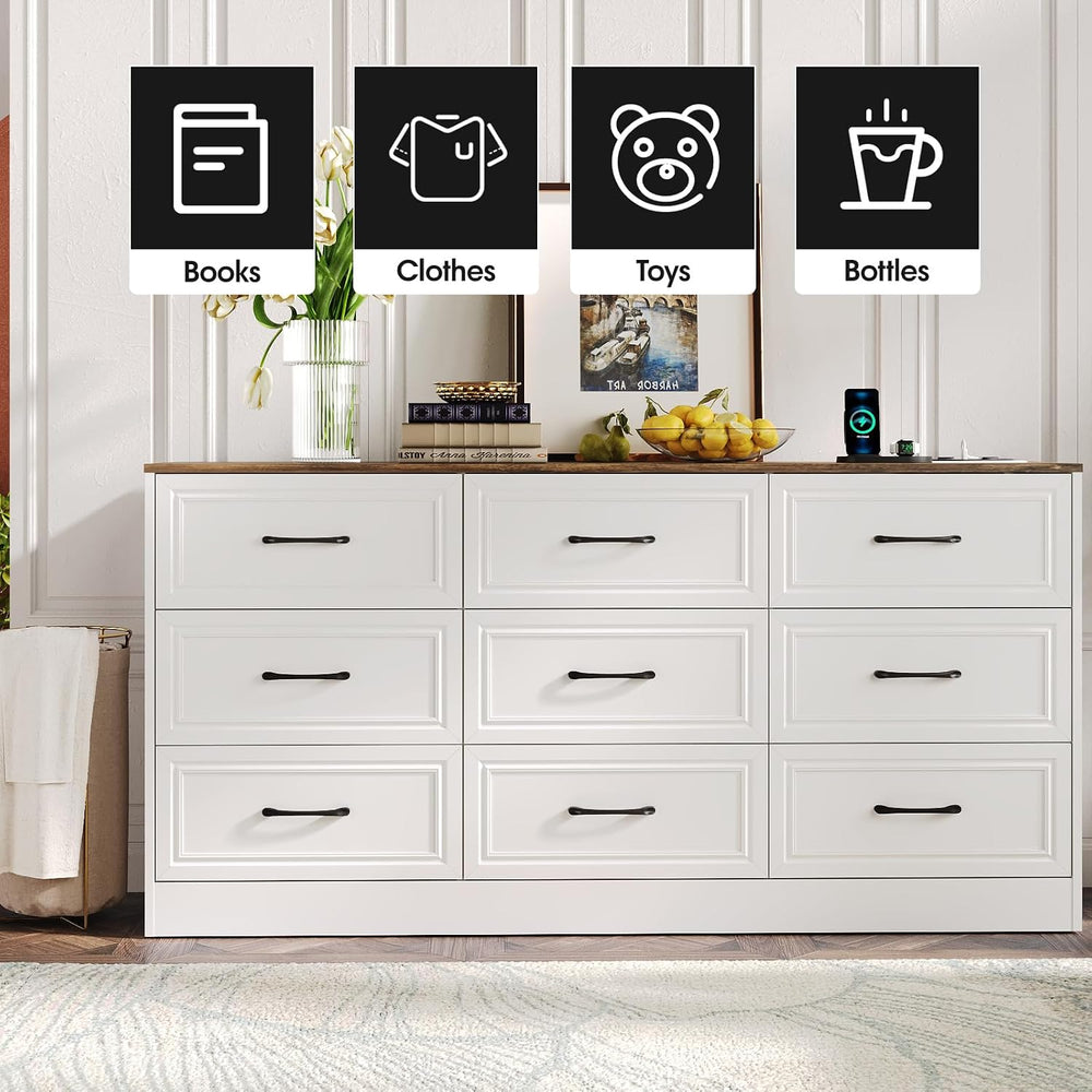Fameill Dresser for Bedroom, 9 Drawer Wide Dresser Organizer with Charging St...