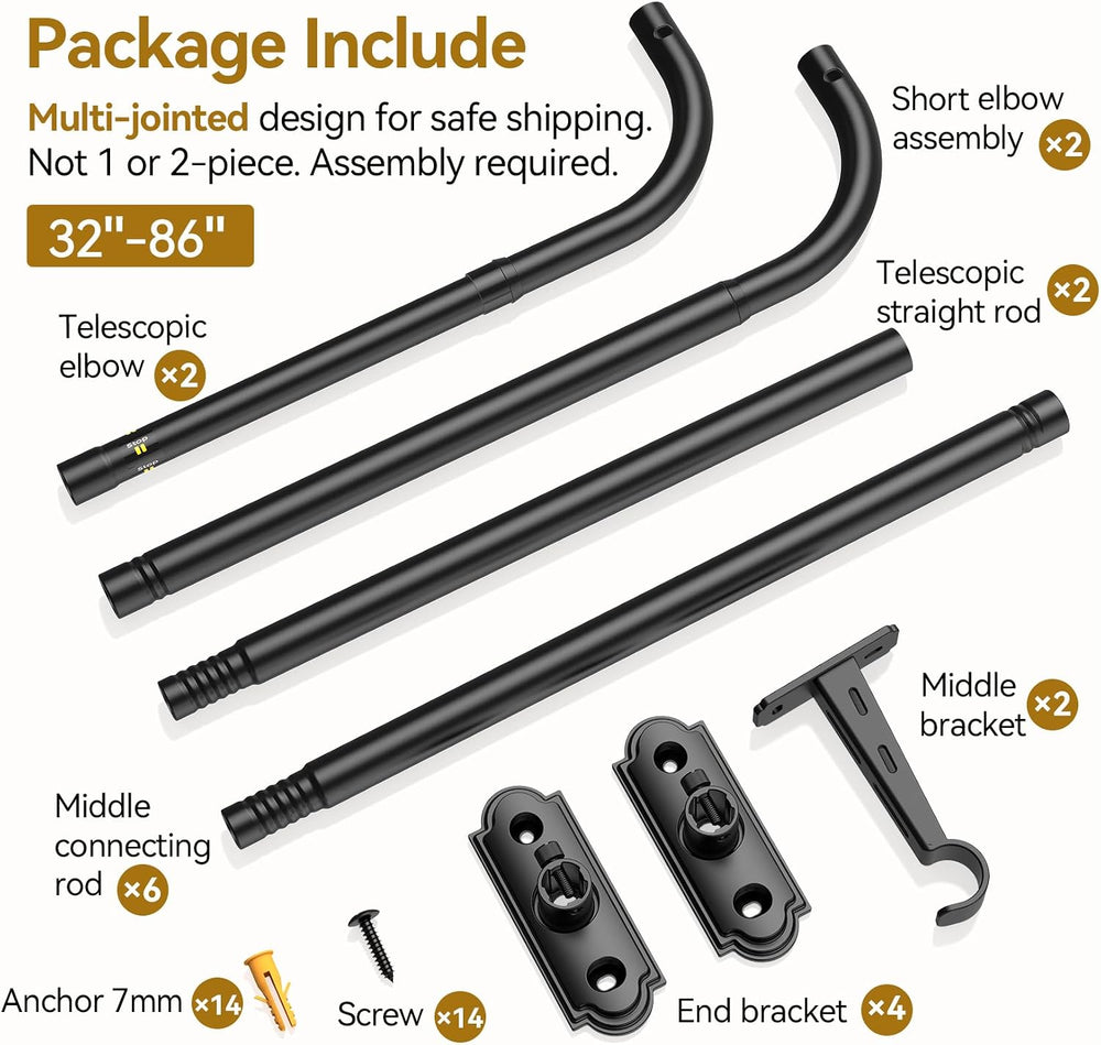 YaFex Curtain Rod 2 Pack 32-86 Inch, 1 Inch Heavy Duty Black Curtain Rods for...
