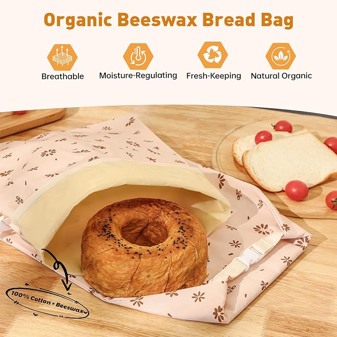 Tirphy 3 Pack Reusable Bread Bags and Bowl Cover Set, Beeswax Bread Bags - Image 2