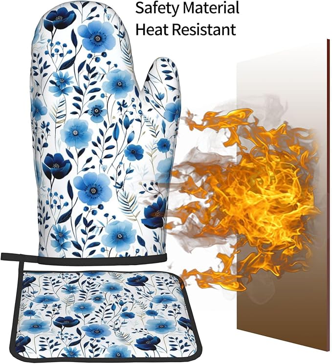 Blue Floral Oven Mitts and Pot Holders Sets of 3, Heat Resistant Cute - Image 7