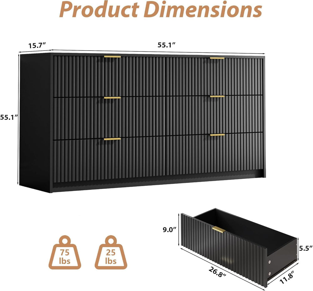 Black 3-Piece Bedroom Set, 6-Drawer Dresser & 2-Drawer Nightstands