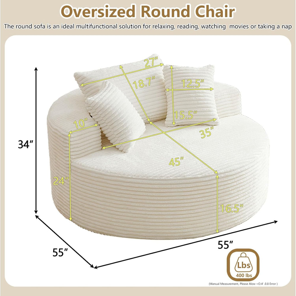 55''L Oversized Round Chaise Longue Chair Indoor, Corduroy Sponge Sin...