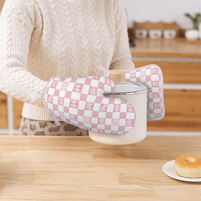 Oven Mitts and Pot Holders Pink Check Bow Pattern Silicone Kitchen Accessories - Image 7