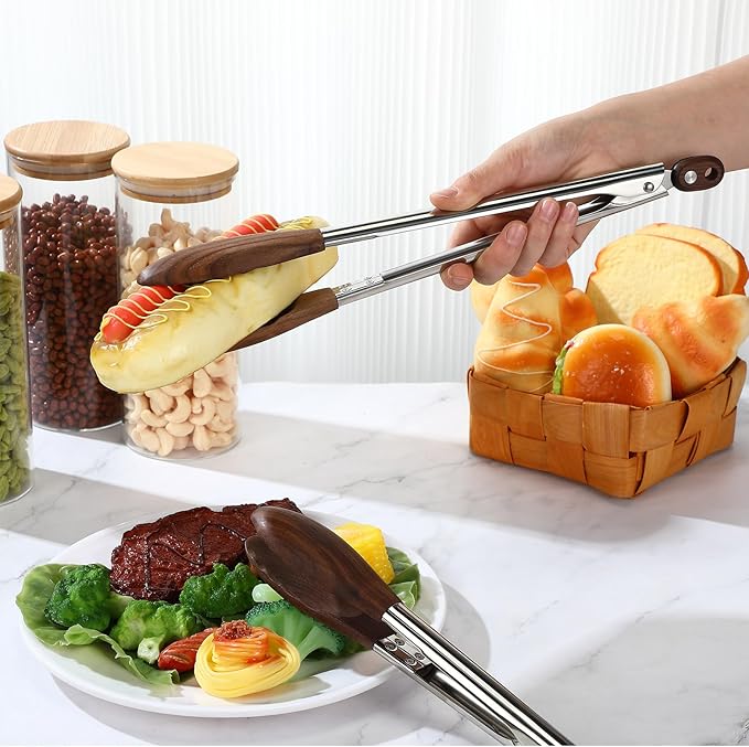 Baderke 2 Pcs Kitchen Tongs for Cooking Wooden Utensil Set Salad Tongs - Image 2