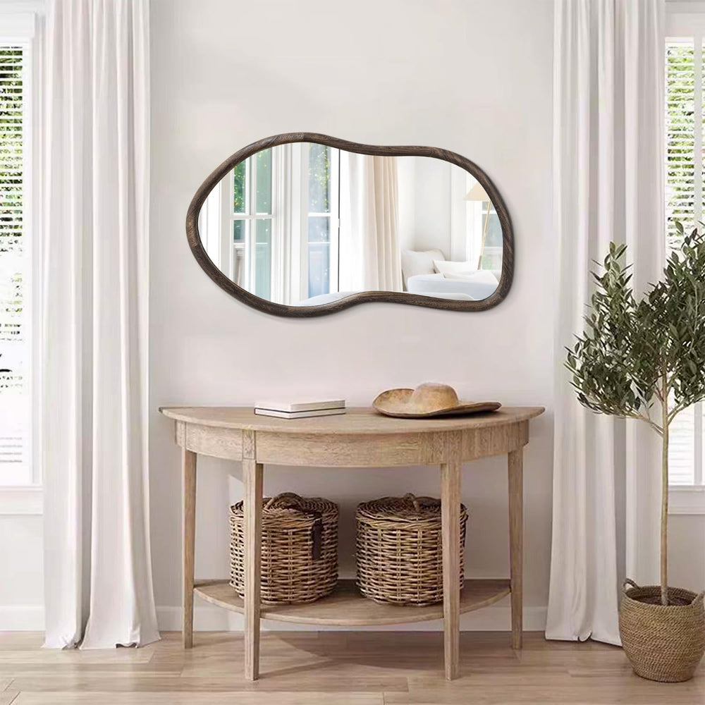 Asymmetrical Wall Mirror Rustic Brown Farmhouse Irregular Mirrors Wood Framed...