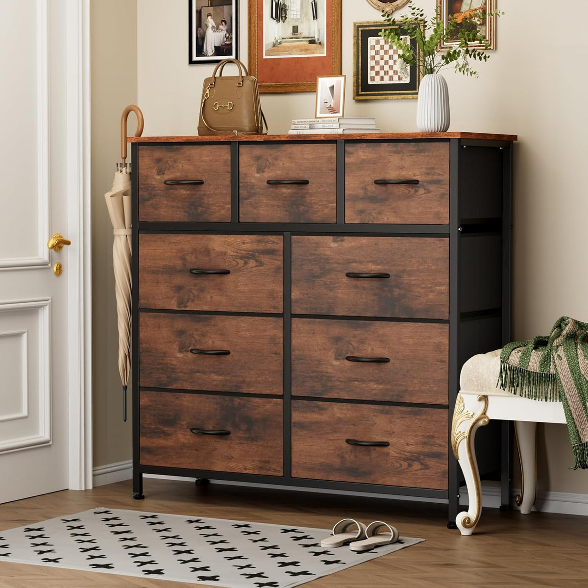 olixis 9 drawer fabric dresser for bedroom, chest shown in use