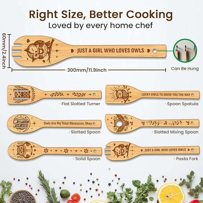 CUTHOLLOW 6PCS Owls Wooden Kitchen Cooking Utensil Set, 11.9in Non Toxic Bamboo - Image 2