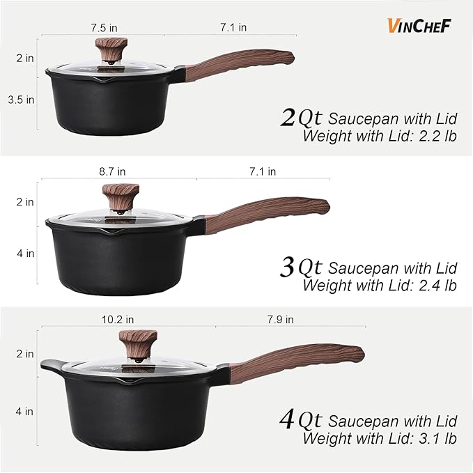 VINCHEF Sauce Pan Set with Lid 10PCS, 2QT+3QT+4QT Non Stick Sauce Pots Cooking - Image 6