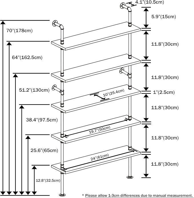 5 Tier Industrial Ladder Bookshelf, Wall Mounted Wood Metal Rustic Pipe Shelv...
