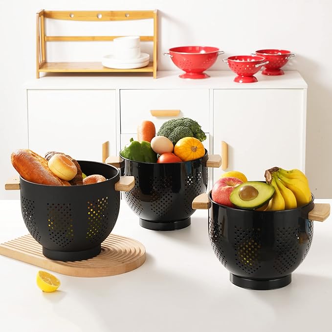Metal Colander with Wood Handle and Stable Base, Powder Coated Steel Kitchen - Image 6