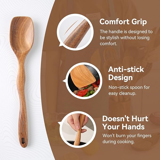 Wooden Spoons for Cooking, Non Scratch, Easy Clean, Natural Teak Wooden - Image 6