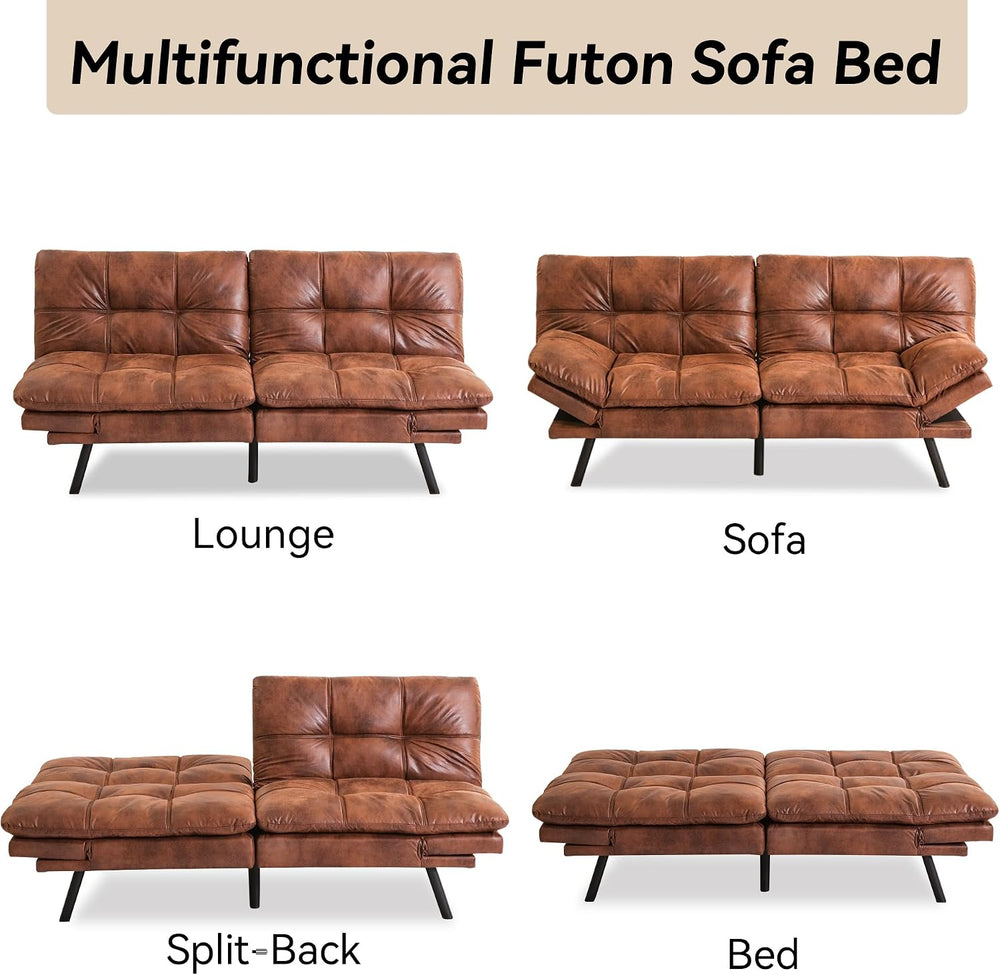 71" Convertible Futon Sofa Bed,Brown Faux Leather Futon Couch