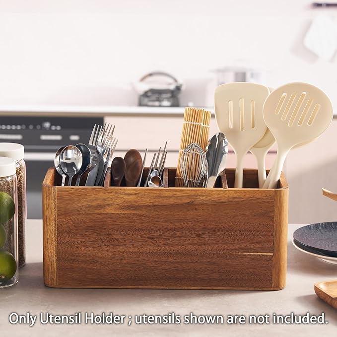16" Wooden Kitchen Utensil Holder, Extra Large Acacia Wood Organizer - Image 4