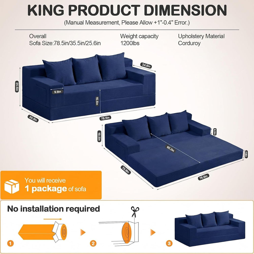 3 Seater Boneless Couch Sofa Bed, 78'' Corduroy Oversized Loveseat Fo...
