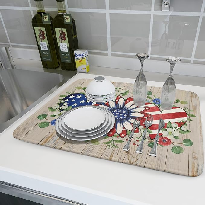 Independence Day Dish Drying Mat 18x24 inch Patriotic Love Heart Fast Dry - Image 6