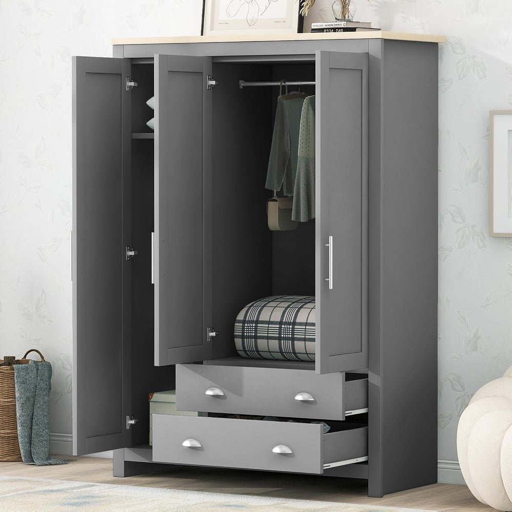3 Doors Armoire Wardrobe Closet with 2 Drawers, 67.9" H Wooden Closet Wa...