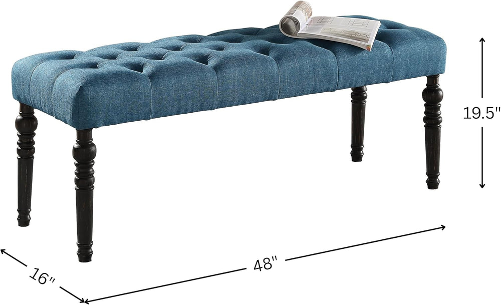 Roundhill Furniture Leviton Fabric Tufted Turned Leg Dining Bench, Blue