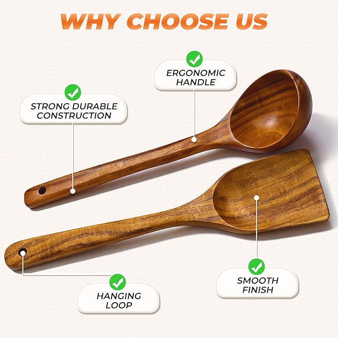 2Pcs Wooden Ladle and Spatula, Natural Acacia Long Handle, Large Capacity - Image 5