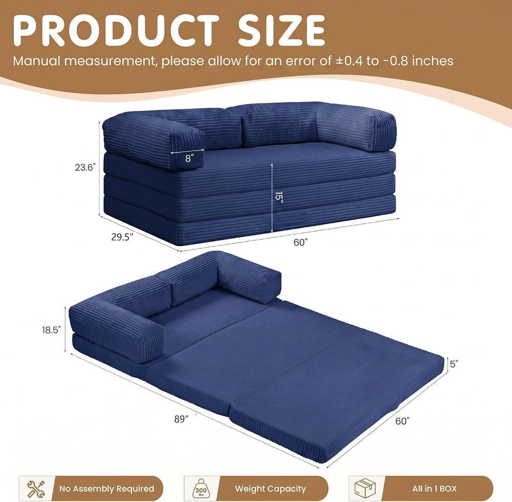Convertible Sofa Bed Queen,5-in-1 Boneless Couch with Removable Armrests &amp...