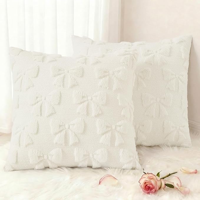 decorUhome Cream White Bow Pillow Covers Set of 2 Coquette Aesthetic Cute by decorUhome