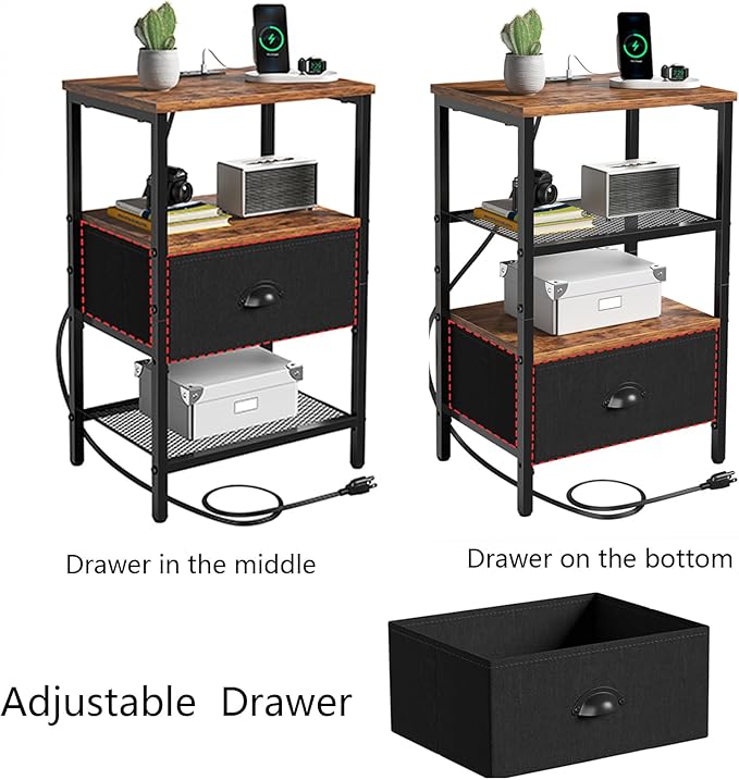 Sthmec Nightstands Set of 2, LED Bedside Tables with Charging Station and Fab...
