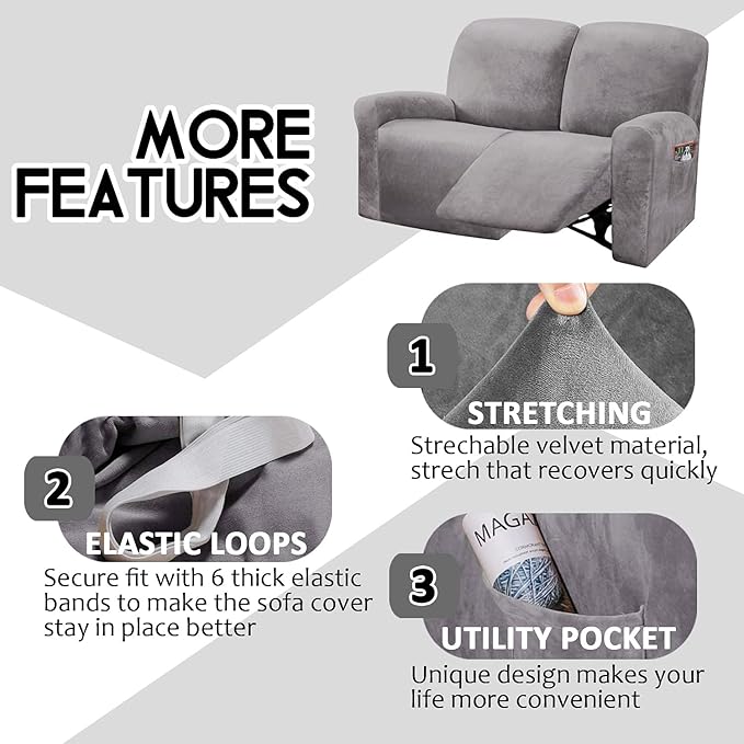 ULTICOR Reclining Love Seat Slipcover, 6-Piece Velvet Stretch Loveseat - Image 4