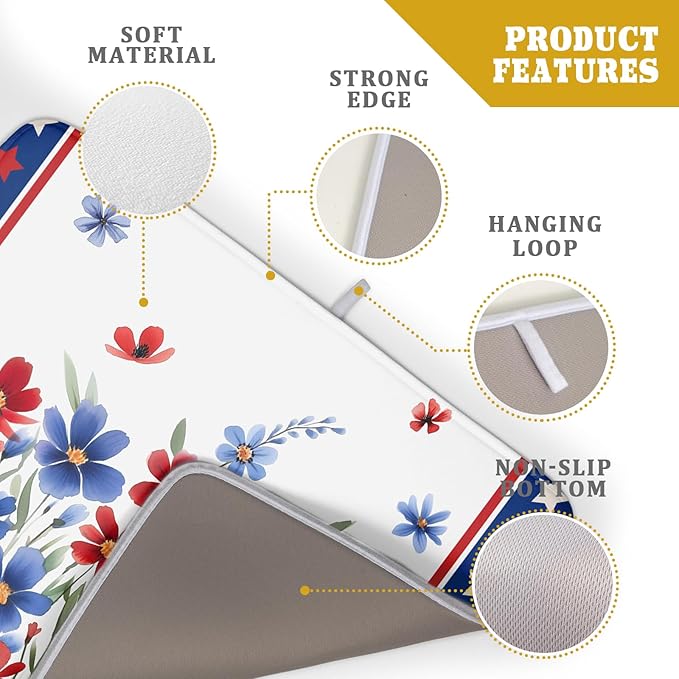 4th of July Dish Drying Mats for Kitchen Counter Summer Flowers Patriotic - Image 4