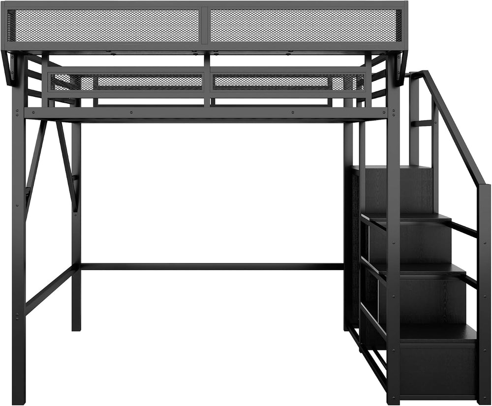 KEIKI Full Size Metal Loft Bed Frame with Convertible Staircase, Built-in Sto...