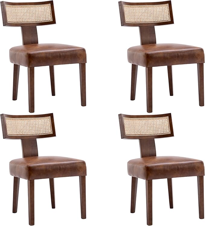 Mid Century Modern Dining Chairs Set of 4 Rattan Kitchen Chairs PU Leather Up...