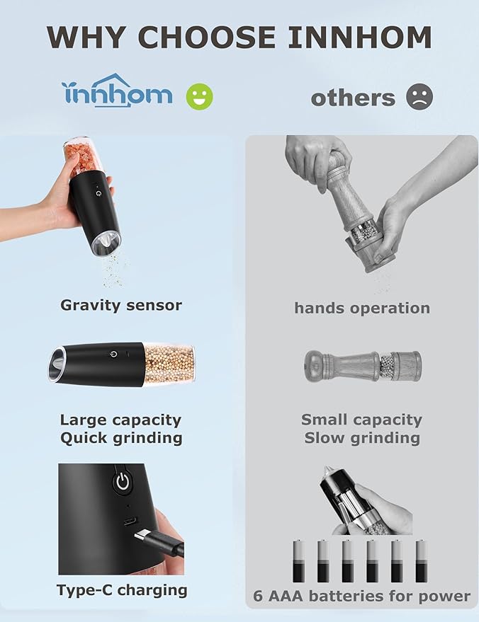 innhom Gravity Electric Salt and Pepper Grinder Set Salt Grinder Pepper Mill - Image 5