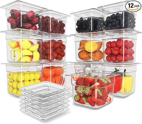12 Pack Plastic Food Pan with Lid 1/6 Size 6 Inch Deep Restaurant Clear Food by HNEDSEN