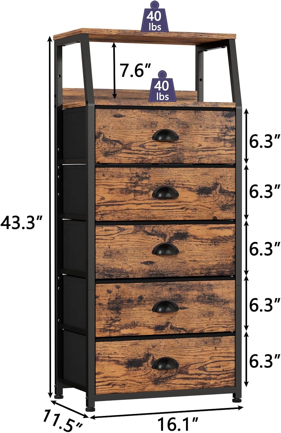 Furnulem Dresser for Bedroom, 5 Drawers Tall Nightstand, Chest of Drawers