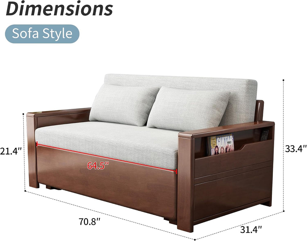 71" 3-in-1 Sleeper Pull Out Sofa, Walnut Solid Wood Frame, Sectional Couch