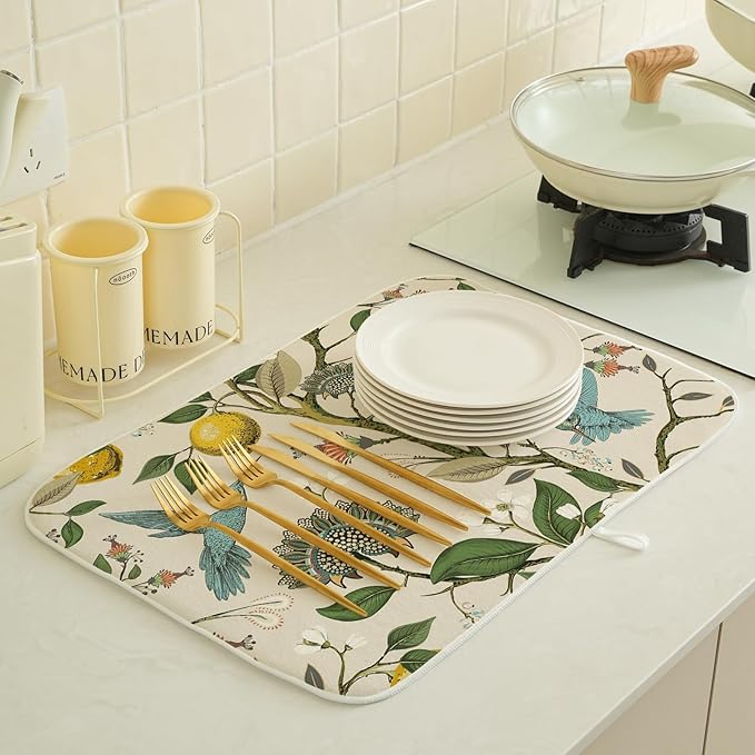 Boho Dish Drying Mat 18x24 Inch Vintage Lemon Floral Blue Bird Drying Mat - Image 4