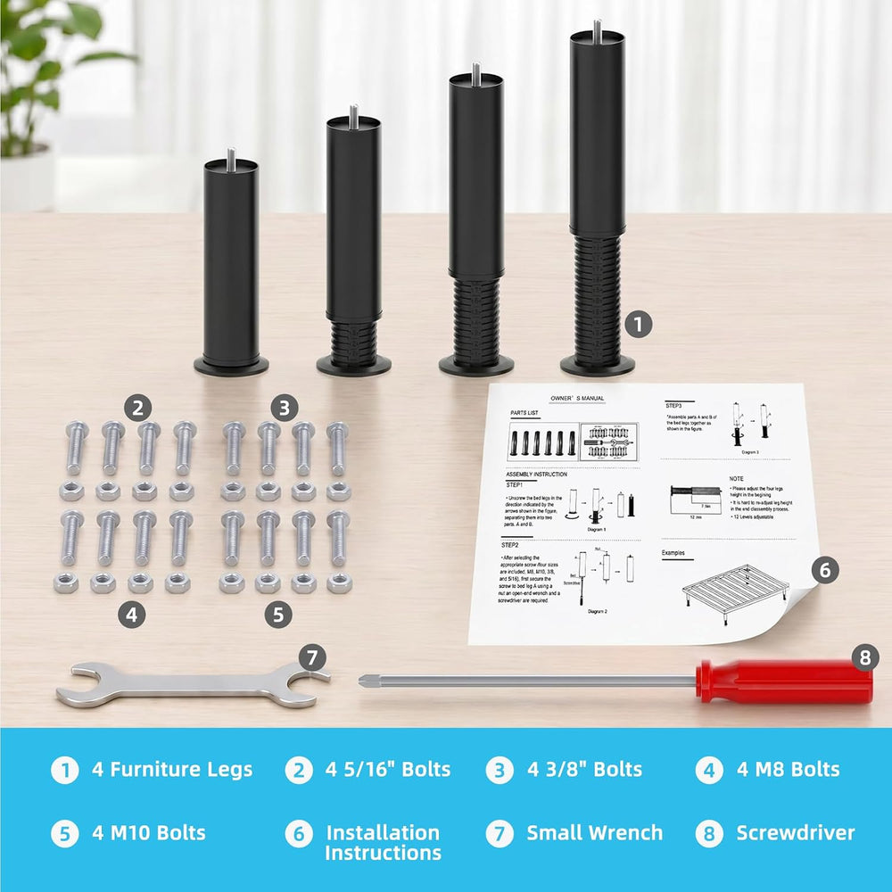 Adjustable 8-12 inch Furniture Legs Metal Replacement Heavy Duty Leg 5/16&quo...
