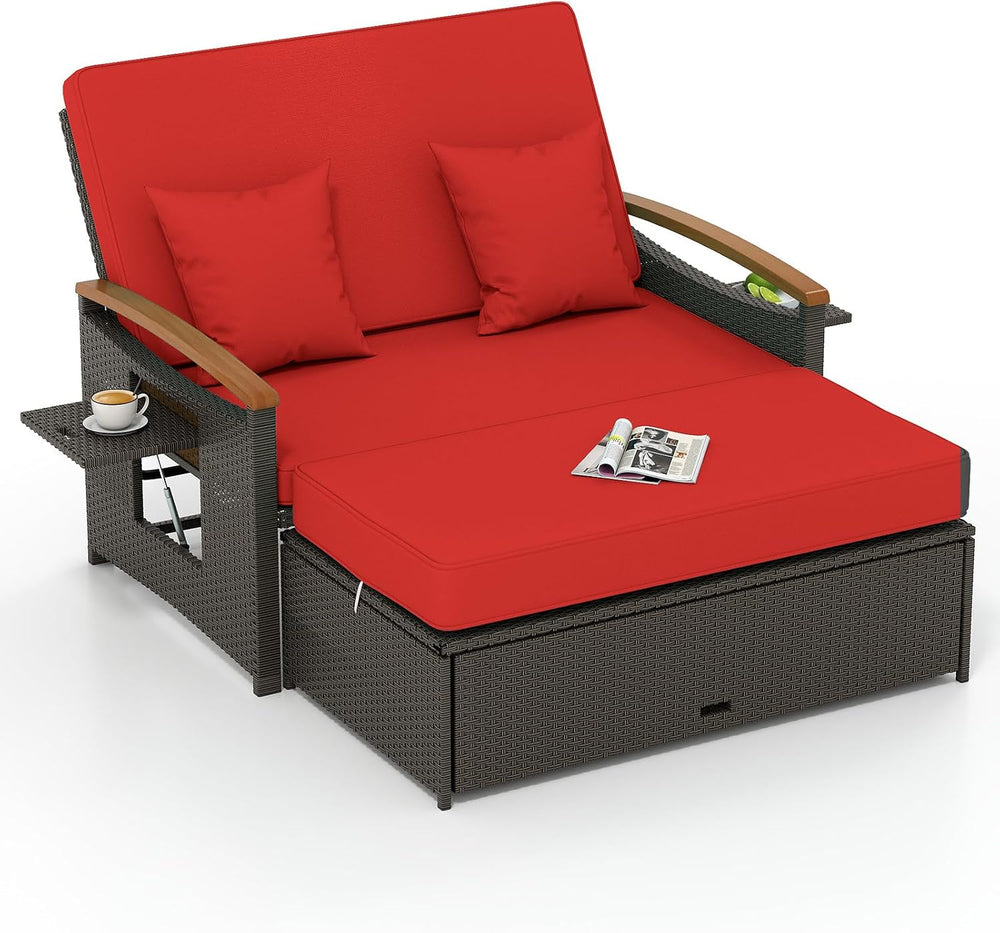 Tangkula Patio Rattan Daybed, Outdoor Wicker Loveseat, Mix Brown & Red
